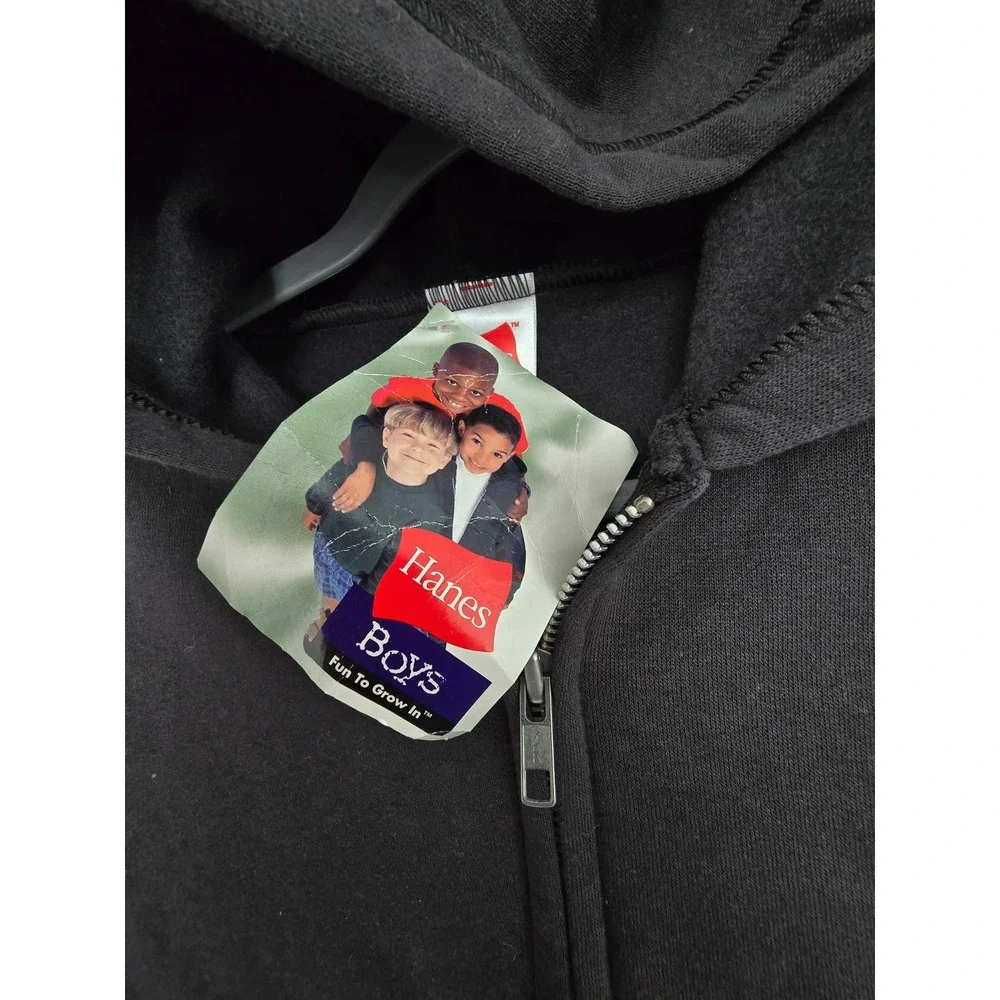 Vintage Hanes Boys Medium M 8 10 Black Full Zip Hoodie Vest Fleece Hooded Pocket